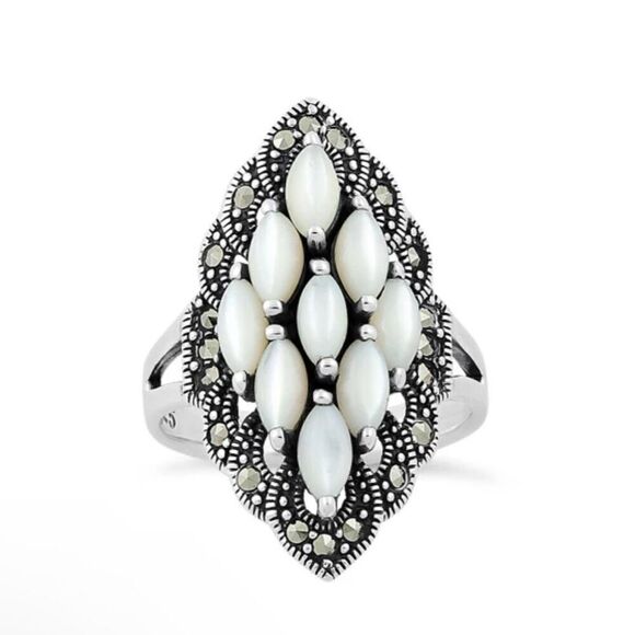 Sterling Silver Mother of Pearl Marquise Marcasite Ring New - Picture 2 of 5
